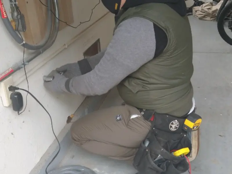 Electrician performing outlet wiring in a Halfway garage